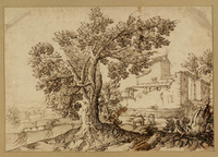 K VIII 039
<br/>
Landschap met boomgroep voor boerderij
<br/>
<em>Cantagallina, Remigio (ca.1580-1656) - toegeschreven aan</em>